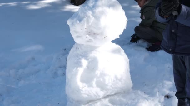 Boldog Gyerekek Játszanak Hóban Hóembert Csinálnak — Stock videók