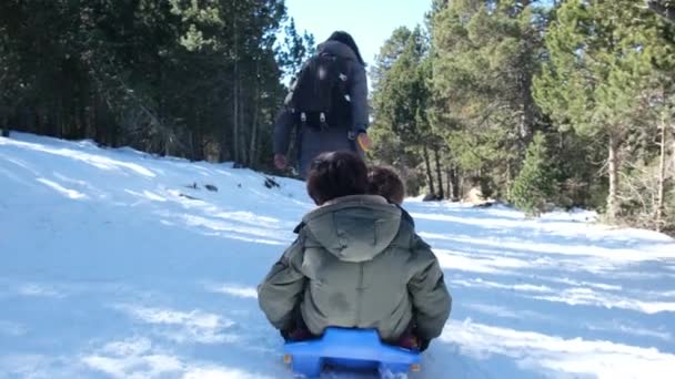 Sıcak Kışlık Elbiseli Bir Kadın Koşuyor Mutlu Çocukları Kızakla Çekiyor — Stok video