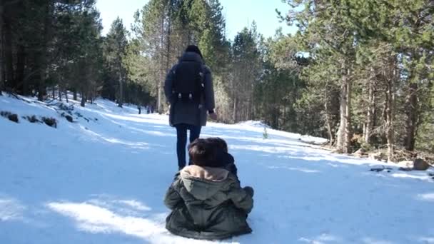 Жінка Теплому Зимовому Одязі Бігає Тягне Щасливих Дітей Санях — стокове відео