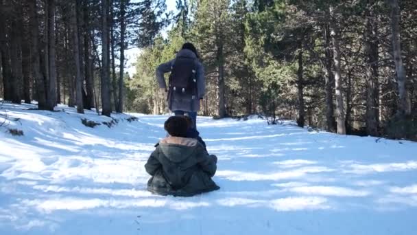 Woman Warm Winter Clothes Running Pulling Happy Kids Sled — Stock Video