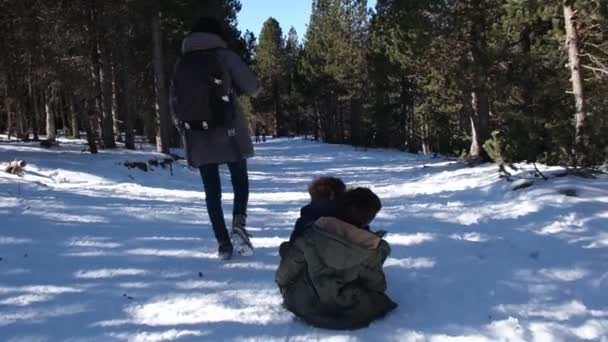 Mulher Roupas Quentes Inverno Correndo Puxando Crianças Felizes Trenó — Vídeo de Stock