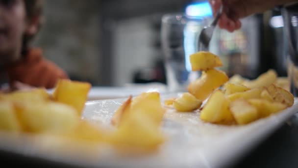 Στενή Άποψη Του Τηγανητές Πατάτες Λευκό Πιάτο — Αρχείο Βίντεο