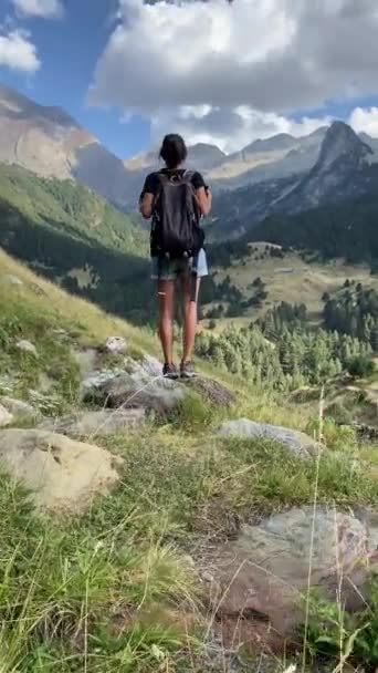 Wanderer Auf Dem Gipfel Des Berges — Stockvideo