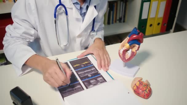 心臓モデルを患者に示し 病院で病気を説明する心臓専門医の近くのビュー — ストック動画