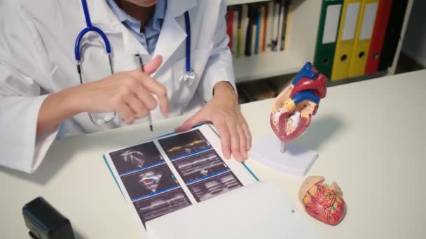 心脏科医生向病人展示心脏模型的近景及在医院解释该疾病 — 图库视频影像