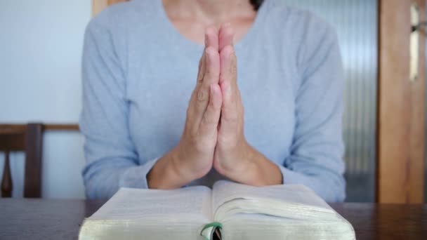 女人虔诚的圣经读经和祈祷象征着对上帝和耶稣基督的信仰 体现了希望 拯救与和平 — 图库视频影像