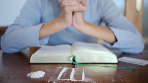 Woman Seeking Detox Salvation Drugs Alcohol Fervently Prays Bible Her — Stock Video