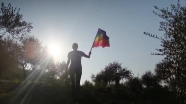 Gün batımında dalgalanan LGBTQ + bayrağıyla yalnız genç bir kadın. Eşitlik, eşitlik, dahil etme, LGBTQ konsepti. Aşk aşktır, ayrımcılık yok, özgürlüğe evet