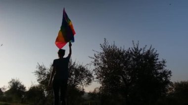 Gün batımında dalgalanan LGBTQ + bayrağıyla yalnız genç bir kadın. Eşitlik, eşitlik, dahil etme, LGBTQ konsepti. Aşk aşktır, ayrımcılık yok, özgürlüğe evet
