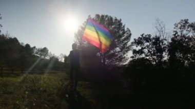 Gün batımında dalgalanan LGBTQ + bayrağıyla yalnız genç bir kadın. Eşitlik, eşitlik, dahil etme, LGBTQ konsepti. Aşk aşktır, ayrımcılık yok, özgürlüğe evet