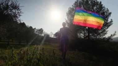 Gün batımında dalgalanan LGBTQ + bayrağıyla yalnız genç bir kadın. Eşitlik, eşitlik, dahil etme, LGBTQ konsepti. Aşk aşktır, ayrımcılık yok, özgürlüğe evet