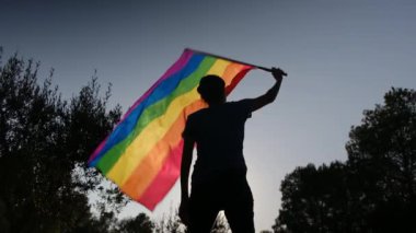 Gün batımında dalgalanan LGBTQ + bayrağıyla yalnız genç bir kadın. Eşitlik, eşitlik, dahil etme, LGBTQ konsepti. Aşk aşktır, ayrımcılık yok, özgürlüğe evet