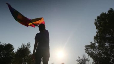 Gün batımında dalgalanan LGBTQ + bayrağıyla yalnız genç bir kadın. Eşitlik, eşitlik, dahil etme, LGBTQ konsepti. Aşk aşktır, ayrımcılık yok, özgürlüğe evet