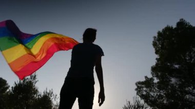 Gün batımında dalgalanan LGBTQ + bayrağıyla yalnız genç bir kadın. Eşitlik, eşitlik, dahil etme, LGBTQ konsepti. Aşk aşktır, ayrımcılık yok, özgürlüğe evet