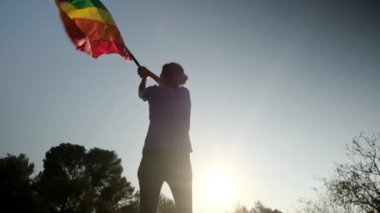 Gün batımında dalgalanan LGBTQ + bayrağıyla yalnız genç bir kadın. Eşitlik, eşitlik, dahil etme, LGBTQ konsepti. Aşk aşktır, ayrımcılık yok, özgürlüğe evet