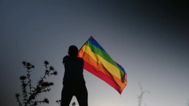 Gün batımında dalgalanan LGBTQ + bayrağıyla yalnız genç bir kadın. Eşitlik, eşitlik, dahil etme, LGBTQ konsepti. Aşk aşktır, ayrımcılık yok, özgürlüğe evet