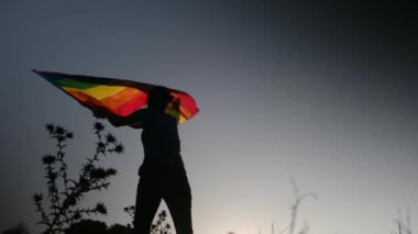 Gün batımında dalgalanan LGBTQ + bayrağıyla yalnız genç bir kadın. Eşitlik, eşitlik, dahil etme, LGBTQ konsepti. Aşk aşktır, ayrımcılık yok, özgürlüğe evet