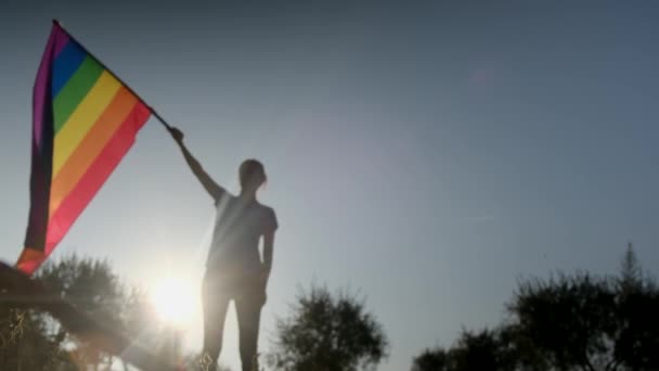 年轻女子与Lgbtq 的旗帜在日落时飘扬 Lgbtq概念 爱就是爱 没有歧视 对自由是的 — 图库视频影像