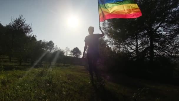 Νεαρή Γυναίκα Μόνη Λοατκι Σημαία Περπατώντας Καθώς Κυματίζει Στο Ηλιοβασίλεμα — Αρχείο Βίντεο