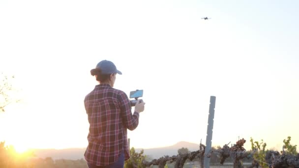 Jovem Agricultor Inspeciona Seu Campo Cultivo Usando Drone Analisa Colheitas — Vídeo de Stock