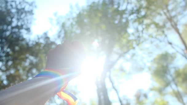 手握拳 手握彩虹色的Lgbt手镯 公平的概念 在阳光灿烂的日子里 用阳光照射在空中 不歧视 — 图库视频影像