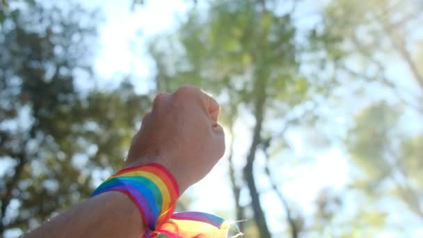 Hand Vuist Lucht Met Regenboogkleurige Lgbt Armband Trots Gelijkheid Billijkheid — Stockvideo