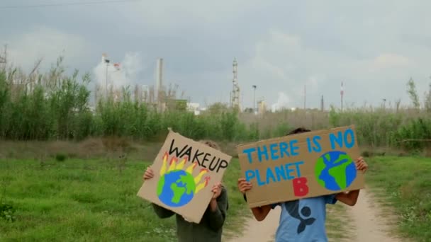 気候変動についてのデモンストレーションを行っているポスターを持つ環境保護団体の映像 — ストック動画