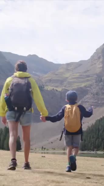 若いハイキング愛好家と晴れた季節をお楽しみください 山でハイキングする息子と一緒にいる女性 — ストック動画