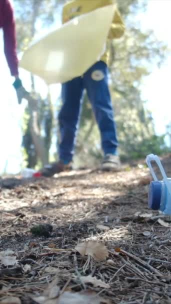 Αγόρια Μητέρα Που Συλλέγουν Σκουπίδια Στο Δάσος — Αρχείο Βίντεο