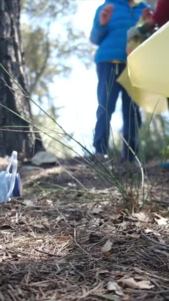 Ragazzi Con Madre Che Raccolgono Spazzatura Nella Foresta — Video Stock