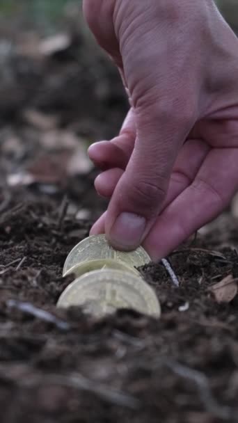 地面に仮想コインを植える人の手 — ストック動画