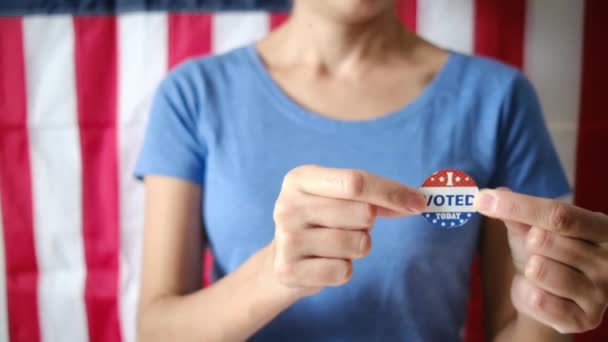 Woman Putting Voted Today Badge Her Clothes — Stock Video