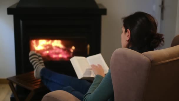 Молода Жінка Читає Книгу Біля Каміна — стокове відео