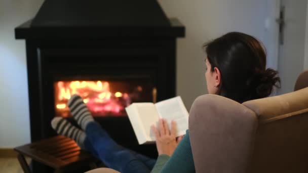 Şöminenin Yanında Kitap Okuyan Genç Bir Kadın — Stok video