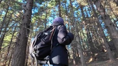 Ormanda doğa yürüyüşü yapan kadın. 