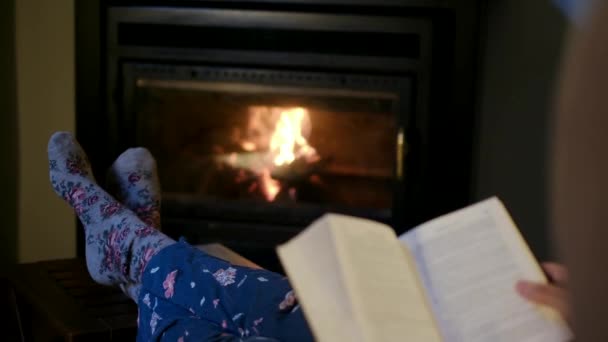 Жінка Читає Книгу Біля Каміна — стокове відео