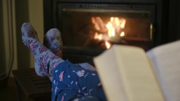 暖炉で本を読んでいる女性 — ストック動画