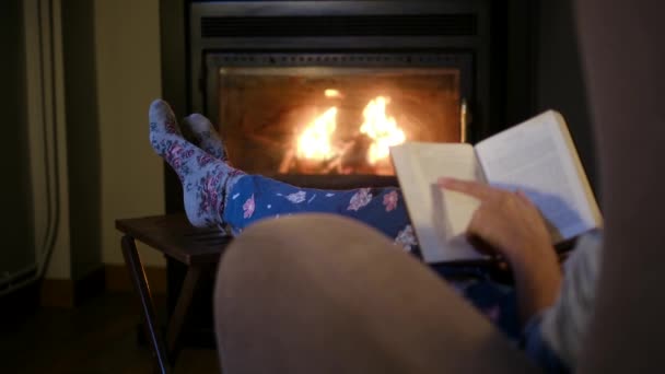 Kadın Okuma Kitabı Şömine Yakın — Stok video