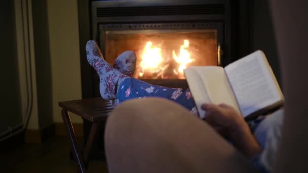 Kadın Okuma Kitabı Şömine Yakın — Stok video