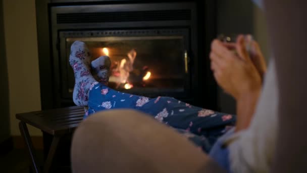 Woman Hot Drink Fireplace — Stock Video