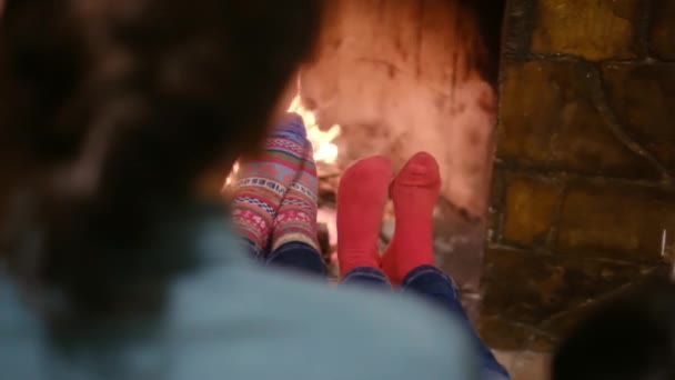 Kids Warm Socks Sitting Fireplace — Stock Video