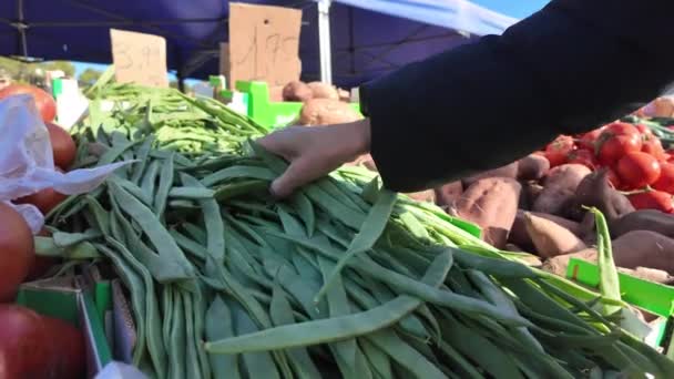 妇女在市场上选择绿豆 — 图库视频影像