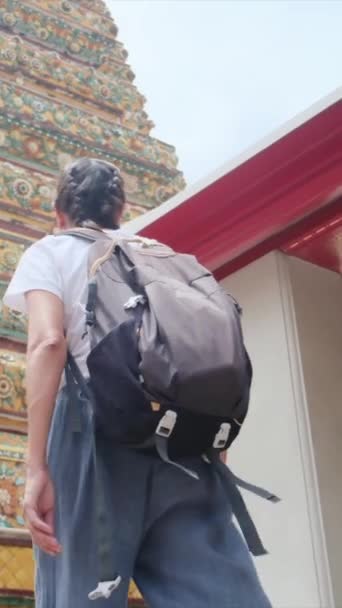 Woman Backpack Walking Buddhist Temple — Stock Video