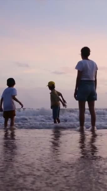 일몰에 해변에 아들과 여자의 실루엣 — 비디오