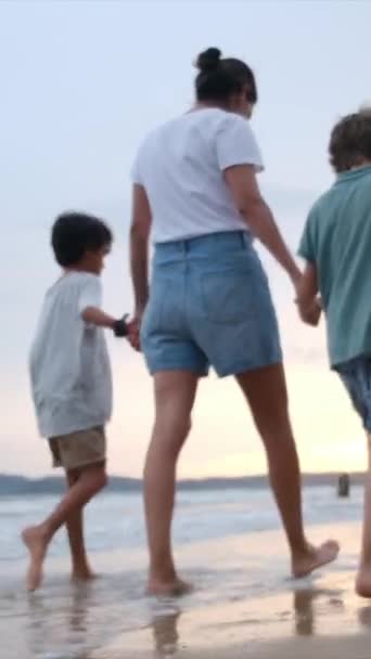 日落时带着儿子在海滩上的年轻女子的轮廓 — 图库视频影像