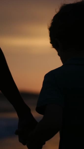 静かなビーチで魅惑的な夕日を背景に 母親と息子のシルエットとして家族のつながりの心温まる本質を体験してください — ストック動画