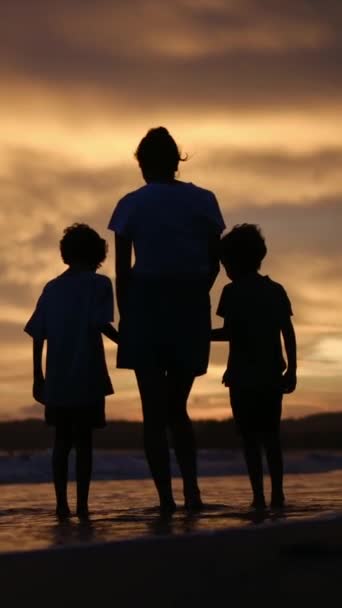 静かなビーチで魅惑的な夕日を背景に 母親と息子のシルエットとして家族のつながりの心温まる本質を体験してください — ストック動画