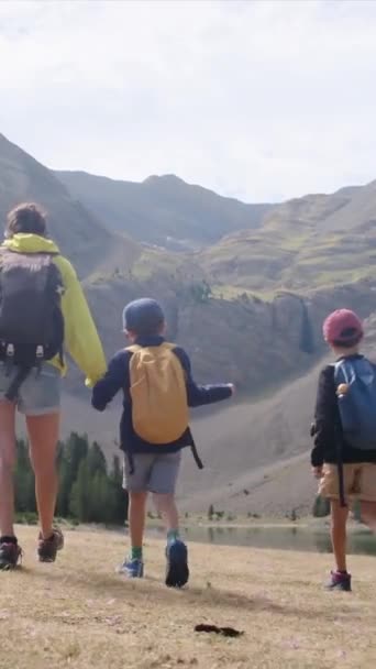 Užijte Slunné Roční Období Mladistvými Turistickými Nadšenci Žena Svými Syny — Stock video