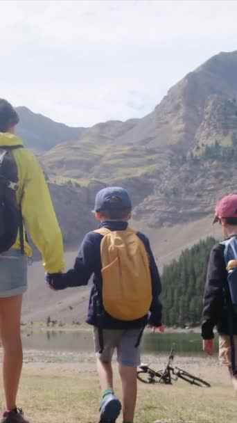 与年轻的远足爱好者一起享受阳光灿烂的季节 一个女人和她的儿子在山上远足 — 图库视频影像
