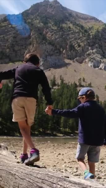 Chłopiec Pomaga Bratu Chodzić Bagażniku Górach — Wideo stockowe
